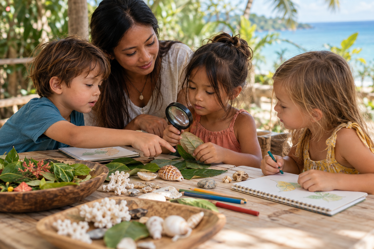 Children exploring leaves and shells together with a teacher beside the sea.